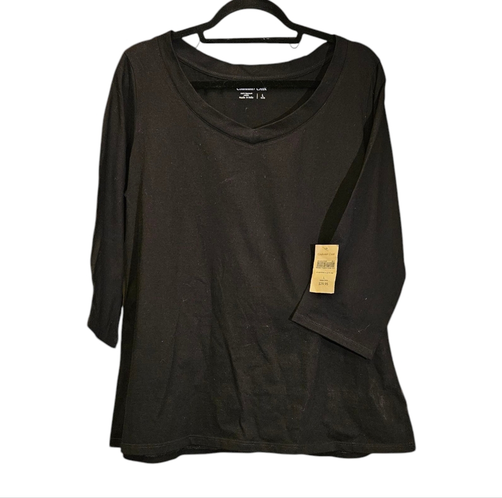 NWT Coldwater Creek Essential V-Neck 3/4 Sleeve Tee, Black - Size Large